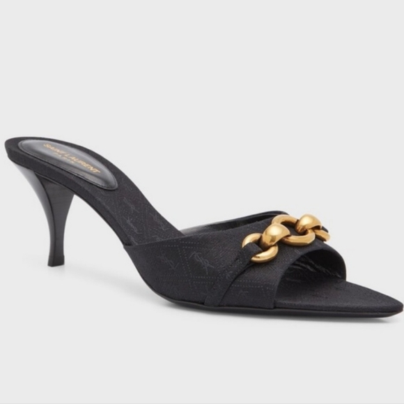 NWT$1050 Saint Laurent YSL Logo Maillon Gippy Chain Heel Slide Sandal Mule Sz 37 - Picture 4 of 17